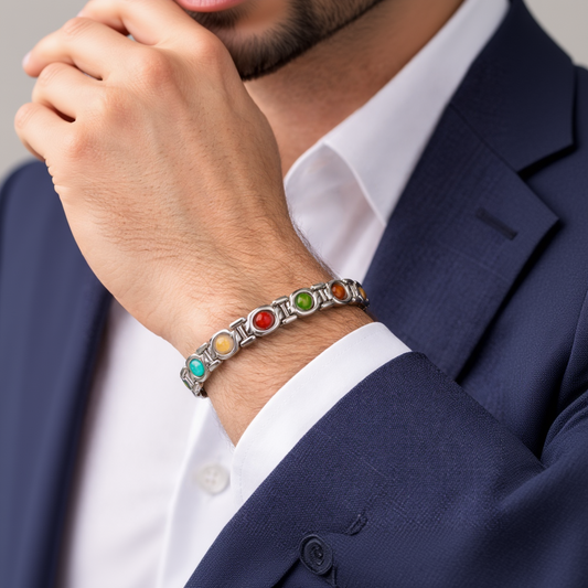 Men 7 chakra Bracelet-- Silver Cotted