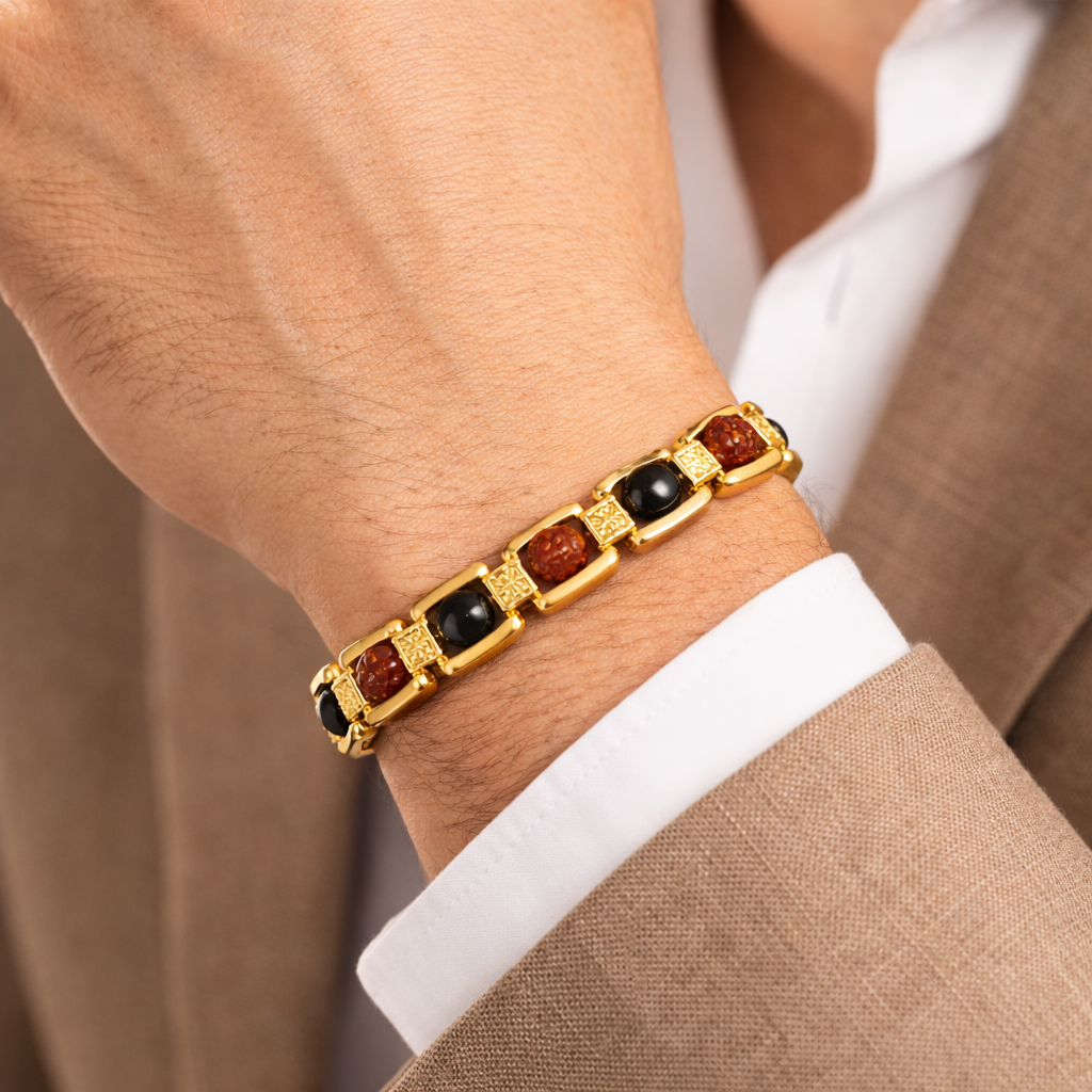 Ebony & 5 mukhi Rudraksha Bracelet -- Gold Cotted