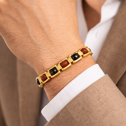 Ebony & 5 mukhi Rudraksha Bracelet -- Gold Cotted