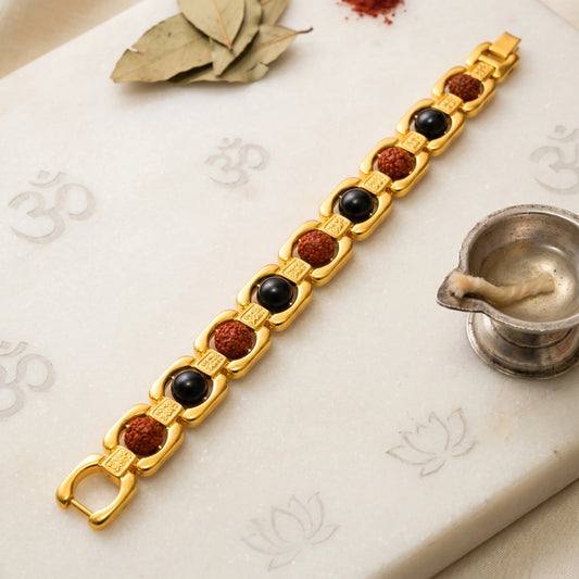 Ebony & 5 mukhi Rudraksha Bracelet -- Gold Cotted
