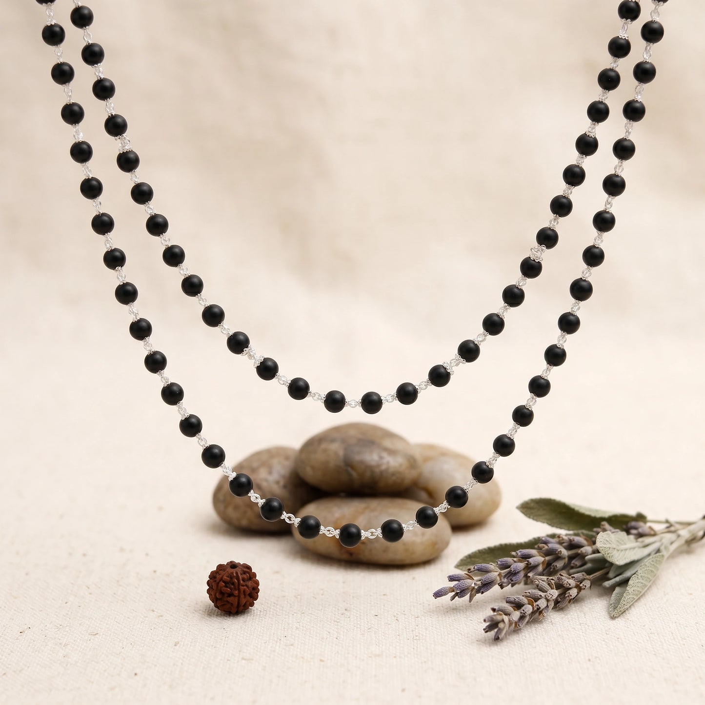 Ebony Mala -- Silver Cotted