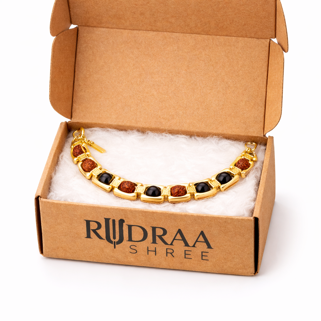Ebony & 5 mukhi Rudraksha Bracelet -- Gold Cotted