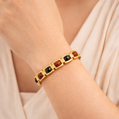 Ebony & 5 mukhi Rudraksha Bracelet -- Gold Cotted